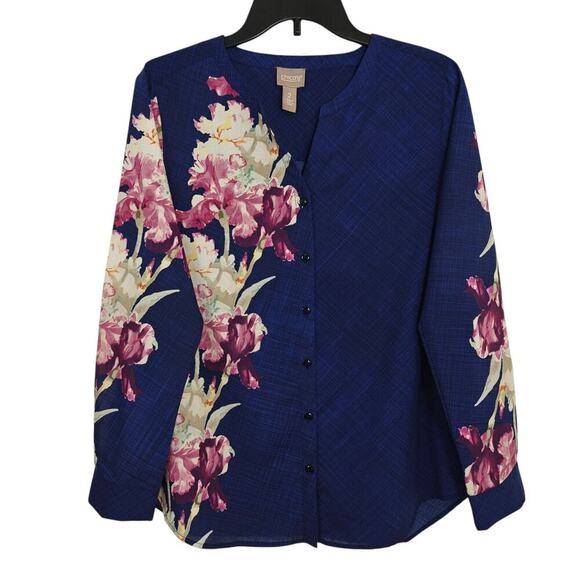 Chico's Drama Floral Button Front Top Size Large / 2 12/14 Blue Pink Long Sleeve - Picture 1 of 7